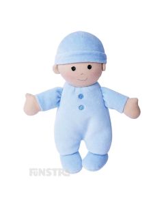Apple Park's organic my first baby doll wears a blue onesie and bonnet and features beautifully embroidered eyes, nose, and smile and hand-painted rosy cheeks.