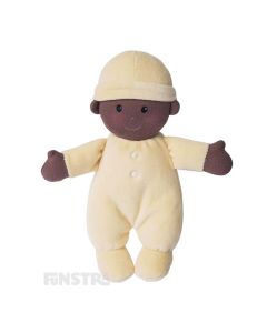 Apple Park's organic my first baby doll wears a cream onesie and bonnet and features beautifully embroidered eyes, nose, and smile and hand-painted rosy cheeks.