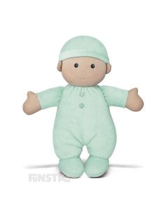 Apple Park's organic my first baby doll wears a mint green onesie and bonnet and features beautifully embroidered eyes, nose, and smile and hand-painted rosy cheeks.