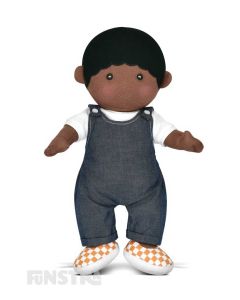 Apple Park's organic boy toddler doll, Alex, wears a white shirt under navy overalls, orange and white shoes and features beautifully embroidered eyes, nose, and mouth and hand-painted rosy cheeks.