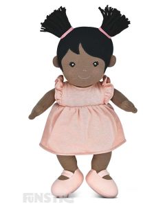 Apple Park's organic girl toddler doll, Mia, wears a pink dress and pink shoes and features beautifully embroidered eyes, nose, and mouth and hand-painted rosy cheeks.