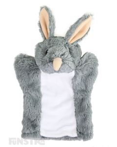 Soft and cuddly bilby hand puppet with grey and white fur.