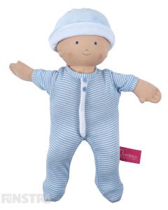 Sweet cherub baby doll with a soft cloth fabric body and wears a blue striped jumpsuit and blue bonnet.