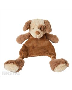 Buddy dog comforter security blanket is beige and brown and an adorable companion, soother and comfort object for infants.