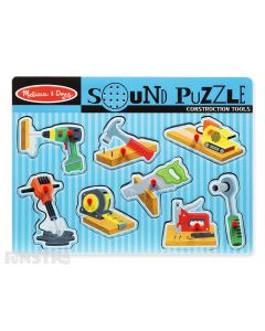 Hear the sounds of construction tools with this fun sound jigsaw puzzle from Melissa & Doug, featuring a drill, hammer, sander, wrench, stapler, saw, tape measure and jack hammer.