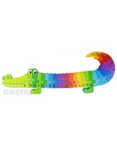 Toddlers and preschoolers can learn the alphabet with the rainbow crocodile wooden alphabet puzzle that encourages imaginative play and learning.