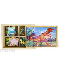 Four puzzles feature the T Rex, Apatosaurus, Triceratops and Stegosaurus dinosaurs and come packed in a wooden box to assemble and frame the puzzle.