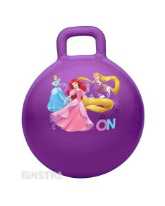 Bounce and hop around with Cinderella, Ariel from The Little Mermaid and Rapunzel from Tangled  on a bouncy purple hopper ball featuring the princesses surrounding flowers, a clock and magical kingdom castle.