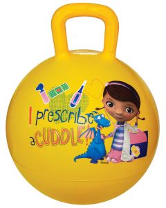 Bounce up and down with Doc McStuffins and Stuffy the toy dragon on a yellow hopper ball.