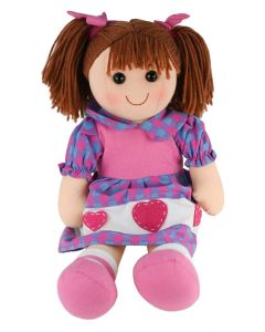 Abigail is a sweet doll with a soft cloth body and brown hair tied back in pigtails with pink bows and wears a pink, purple and blue printed dress and embellished with love hearts.