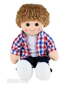 Jack is an dapper boy doll with a soft cloth body and brown hair and wears black trousers with a white tee shirt under plaid dress shirt.