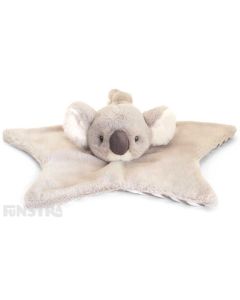 Cozy koala comforter security blanket is grey and white and a gorgeous companion, soother and comfort object for infants.