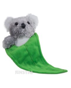 Grey koala bear plush beanie sits in a eucalyptus leaf pouch and is perfect for anyone that loves these Australian animals.