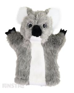 Adorable, soft and cuddly koala hand puppet with grey and white fur.
