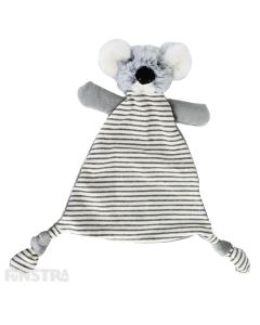The koala security blanket is striped grey and white and features an adorable plush koala toy companion, soother and comfort object for infants.