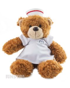 Wearing a nurse uniform, complete with scrubs, cap and nursing watch, this little bear is sure to cheer up your patient.