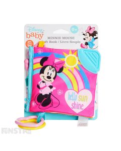 Bright and colourful Minnie Mouse soft book in pastel colours of pink, blue and yellow with fun patterns offering visual stimulation for baby.