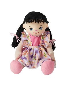 Emily is a wonderful rag doll with a soft cloth body and black plaited hair tied with pink ribbons and wears a floral purple dress and loves painting, arts and crafts.
