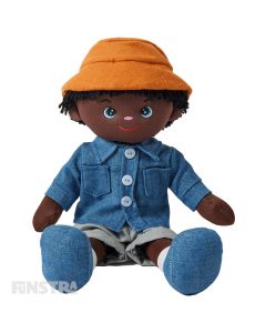 Joe is a suave rag doll with a with a soft cloth body and dark brown hair and outfit consists of a denim jacket  and loves seeing his friends and skateboarding.