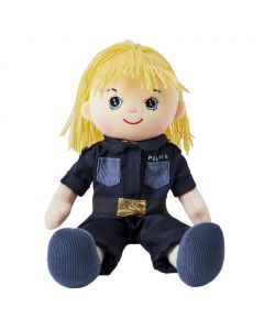 Lizzy is a girl police officer rag doll with a soft cloth body and blonde hair tied in a ponytail and wears a policewoman's uniform that consists of a dark blue shirt and pants and loves to help others and keep the city safe.