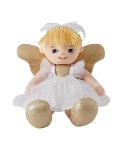 Skye is an fairy rag doll with a soft cloth body and gold wings that loves to celebrate and wears a white spotted tulle dress with a white bow tied in her blonde hair.
