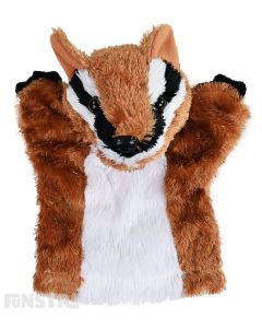 Soft and cuddly numbat hand puppet with brown, black and white fur.