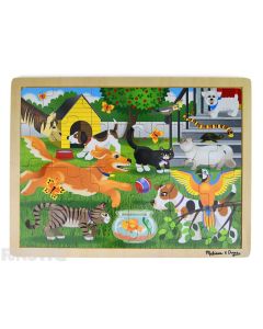 Learn and play with the Melissa & Doug puzzle featuring a playful scene of dogs, cats, a goldfish, snake, turtle, parrot, cockateil and more.