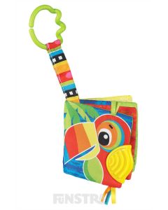 Crinkle and squeak sounds to entertain little ones with the Jazzy Jungle Teether Book featuring a toucan, tiger, elephant, giraffe, zebra, rhinoceros and lion.
