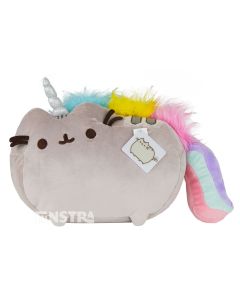 Pusheen is dressed up as a unicorn and features all the characteristics of the legendary mythical creature, complete with the furry texture of her rainbow colored mane of hair, a rainbow tail, sparkling unicorn horn and embroidery on the magical Pusheen.