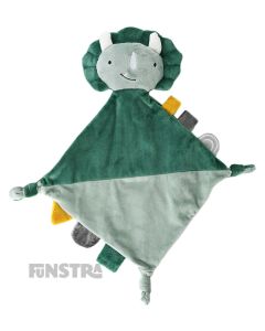 Theo the Triceratops dinosaur security blanket is an adorable companion, soother and comfort object for infants.
