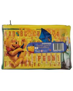 Pooh is flying a kite and surrounded by bees and honey on this cute pencil case, featuring name letter inserts.
