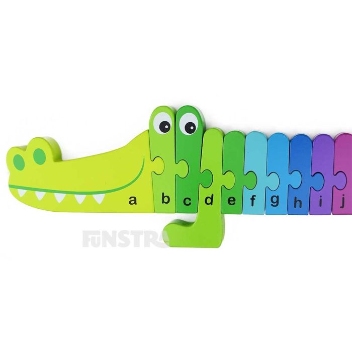 Children can learn their ABC's and colours with vibrant puzzle pieces featuring each letter of the alphabet to assemble a rainbow alligator.