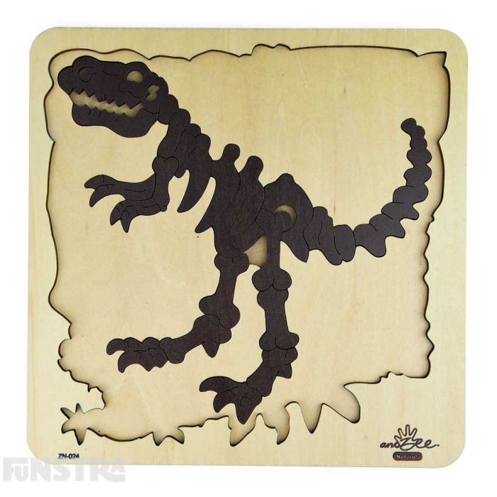 Double layer wooden puzzle features a skeleton of the T Rex fossils and dinosaur bones.