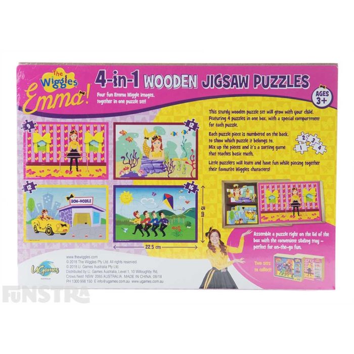 Each puzzle piece is numbered on the back to show which puzzle it belongs to. Mix up the pieces and it's a sorting game that teaches basic math.