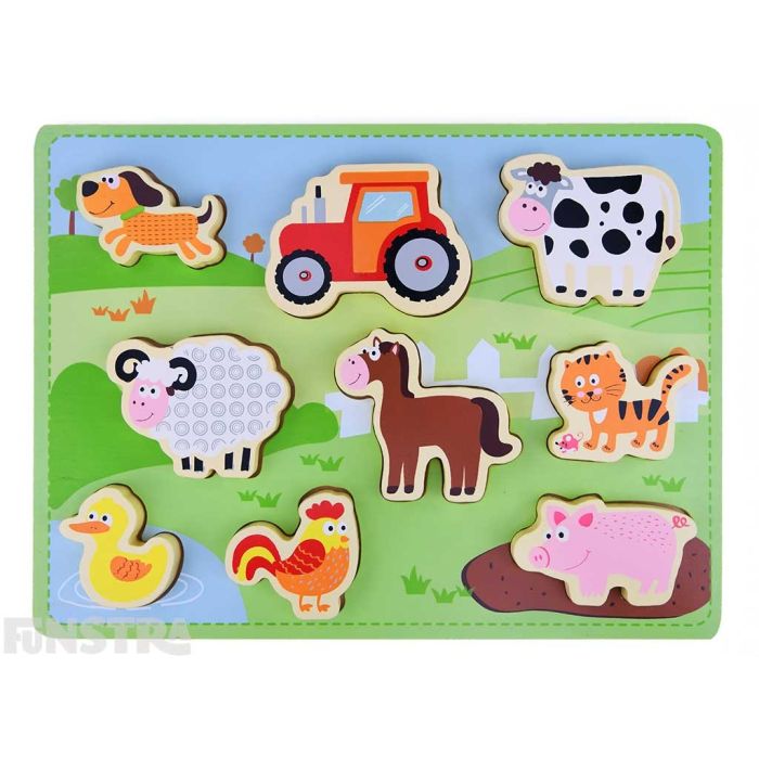 Toddlers can learn and play with this wooden puzzle design that features farm animals with a dog, sheep, duck, chicken, horse, pig, cow, cat, mouse and tractor.
