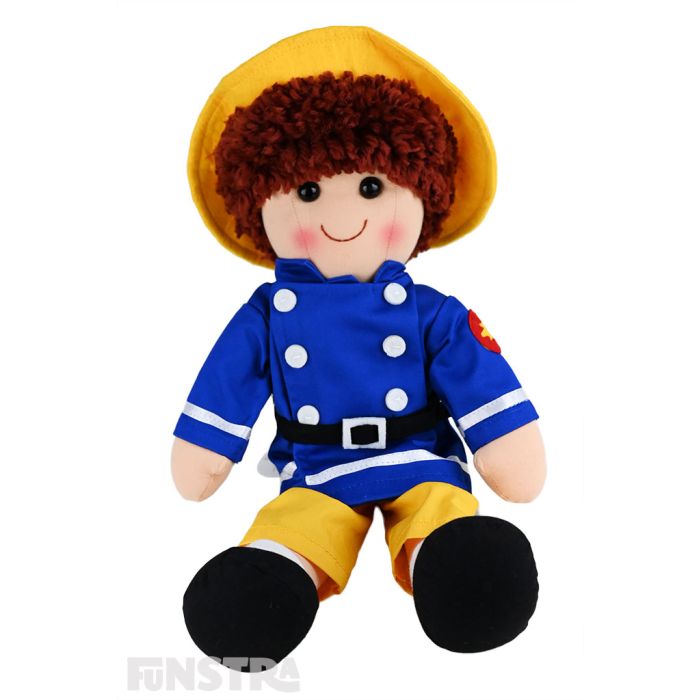 Ted is a firefighter doll with a soft cloth body and red-brown hair and wears yellow trousers, blue jacket and a yellow hat.