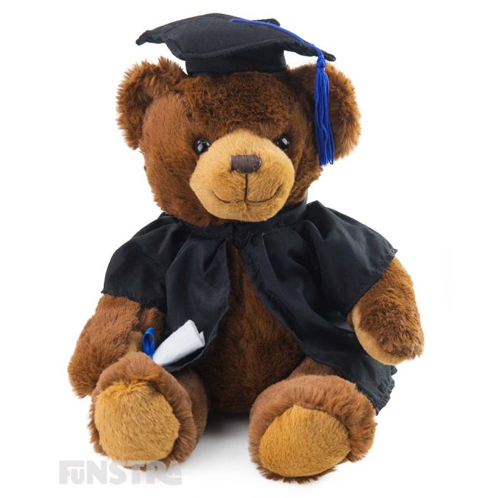 Johnny bear is all smiles holding the certificate for his diploma. Dressed in a black graduation robe with grad hat complete with blue tassels, Johnny is the perfect cuddly brown graduation bear to offer congrats to graduates.
