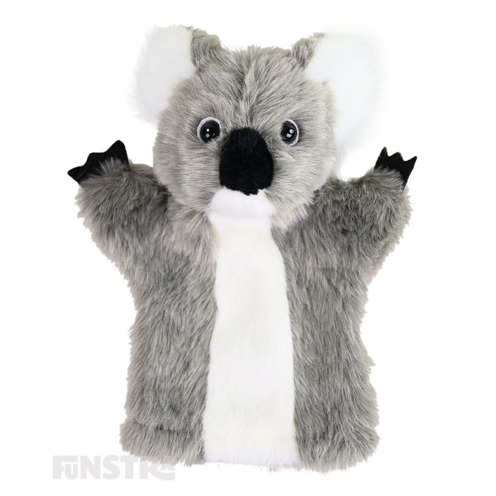 Adorable, soft and cuddly koala hand puppet with grey and white fur.