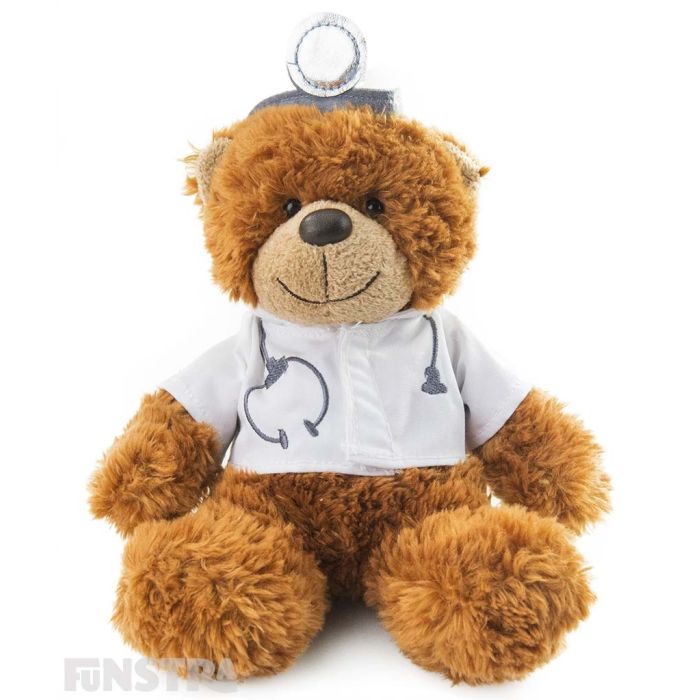Doctor bear is on call and prescribes cuddles. Wearing a white coat, complete with stethoscope and head mirror, this little bear might just be the best medicine for your patient.