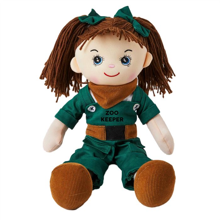 Nina is a zoo keeper rag doll with a soft cloth body and brunette hair tied in pigtails with green bows and wears a zoo keeper uniform that consists of green overalls, a brown belt and bandana and loves to feed and look after the animals.