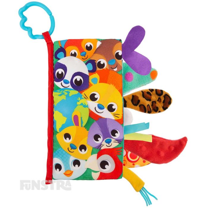 The Playgro Tails of the World Sensory Soft Book for baby features seven textured tails for baby to touch and feel.