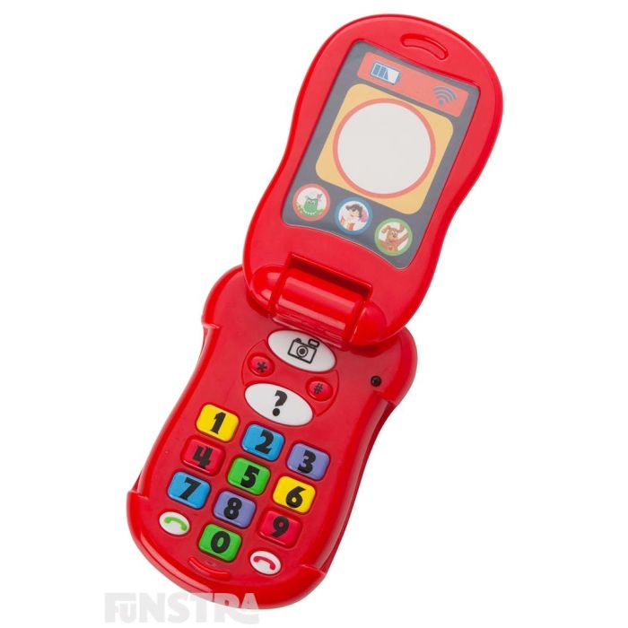 Flipped open, the phone features a light up screen, numeric keypad with camera, question, call and end call buttons.