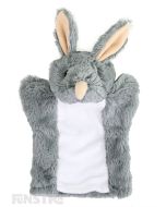 Soft and cuddly bilby hand puppet with grey and white fur.