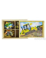 Four puzzles feature the bulldozer, excavator, dump truck and cement mixer construction vehicles and come packed in a wooden box to assemble and frame the puzzle.