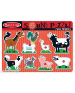 Hear the sounds of farm animals with this fun sound jigsaw puzzle from Melissa & Doug, featuring a horse, rooster, duck, cow, sheep, pig, cat and dog.