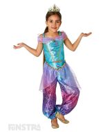 Experience a whole new world with Genie and his magic lamp and fly on your magic carpet when you dress up as Jasmine from Aladdin with this beautiful Disney Princess costume for children.