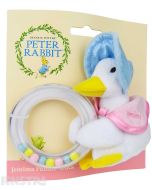 The cute and cuddly Jemima Puddle-Duck wears a blue poke bonnet and a pink shawl holding the ring rattle that helps baby develop fine and gross motor skills, and gives hours of fun with constant movement and sliding beads.