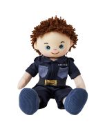 Lewis is a boy police officer rag doll with a soft cloth body and brown hair and wears a policeman's uniform that consists of a dark blue shirt and pants and loves to help others and keep the city safe.