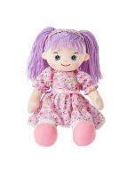 Zoey is a quirky rag doll with a soft cloth body and purple hair tied in pigtails with a headband and wears a pink floral dress and loves to have tea parties and go hiking with friends.