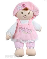 Every baby girl would love the cutest little doll from GUND, 'My First Dolly'. Wearing a pink pinafore and bonnet on her brown hair, this beautiful dolly is the sweetest first dolly for babies.